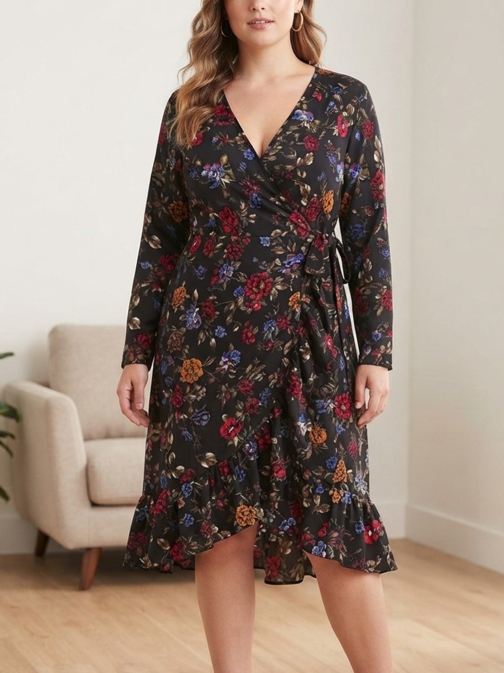 Kensie Black Floral Ruffled True Wrap Midi Dress XL Cottagecore Moody Florals